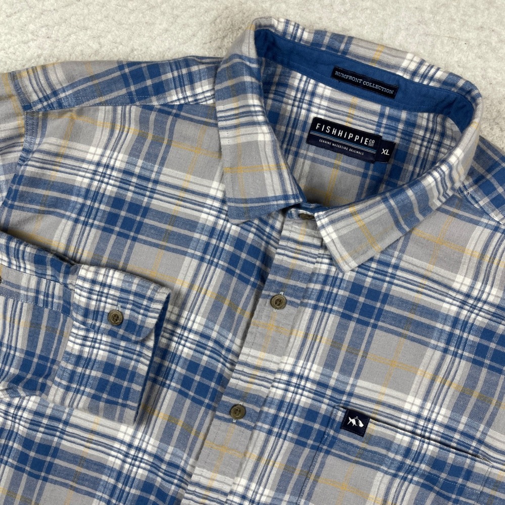 Fish Hippie Co Button Down Shirt Mens XL Blue Plaid Rumfront Collection Stretch